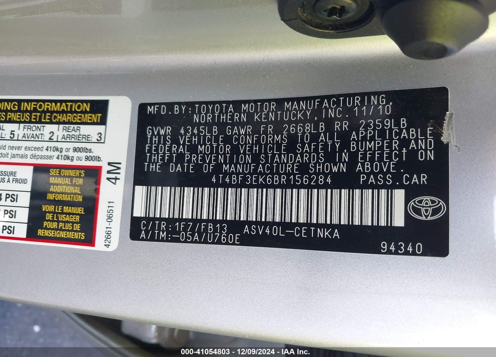 2011 TOYOTA CAMRY LE VIN: 4T4BF3EK6BR156284