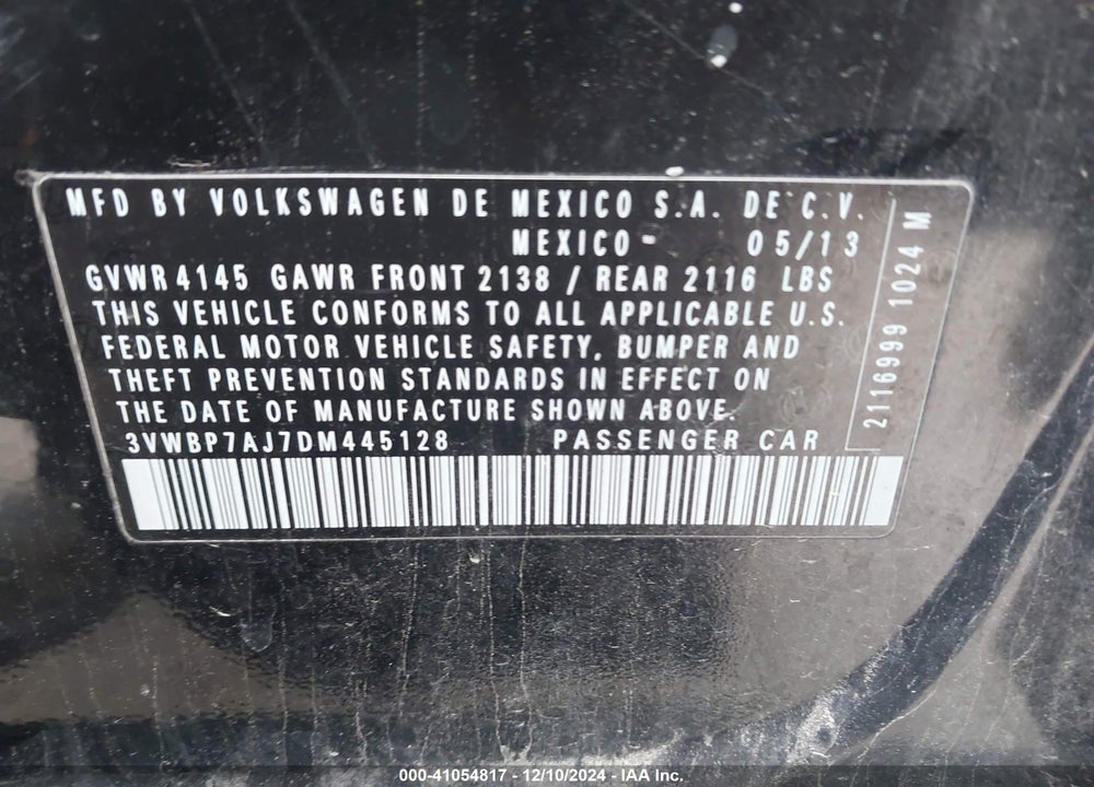 2013 VOLKSWAGEN JETTA 2.5L SE VIN: 3VWBP7AJ7DM445128