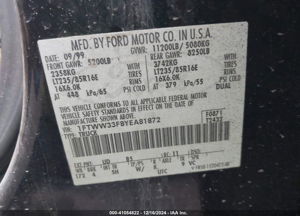 2000 FORD F-350 LARIAT/XL/XLT VIN: 1FTWW33F8YEA81872