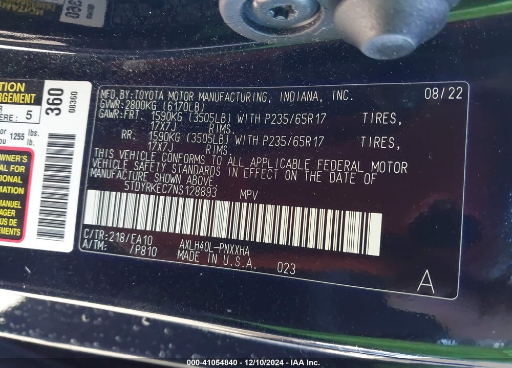 2022 TOYOTA SIENNA XLE VIN: 5TDYRKEC7NS128893
