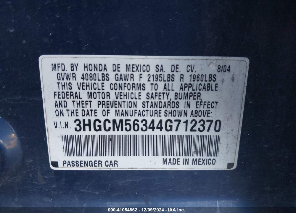2004 HONDA ACCORD 2.4 LX VIN: 3HGCM56344G712370