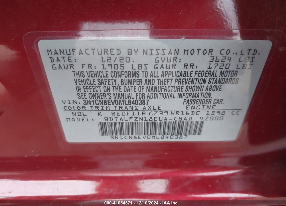 2021 NISSAN VERSA SV XTRONIC CVT VIN: 3N1CN8EV0ML840387