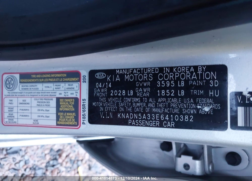2014 KIA RIO EX VIN: KNADN5A33E6410382