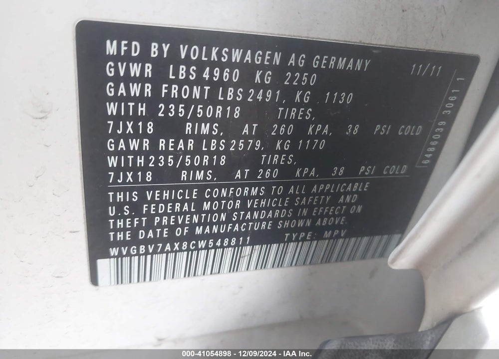 2012 VOLKSWAGEN TIGUAN SE VIN: WVGBV7AX8CW548811