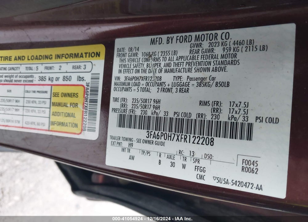 2015 FORD FUSION SE VIN: 3FA6P0H7XFR122208