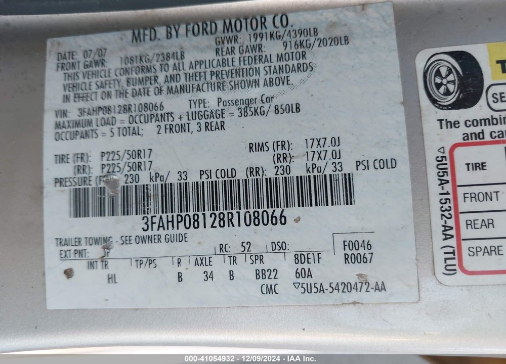 2008 FORD FUSION SEL VIN: 3FAHP08128R108066