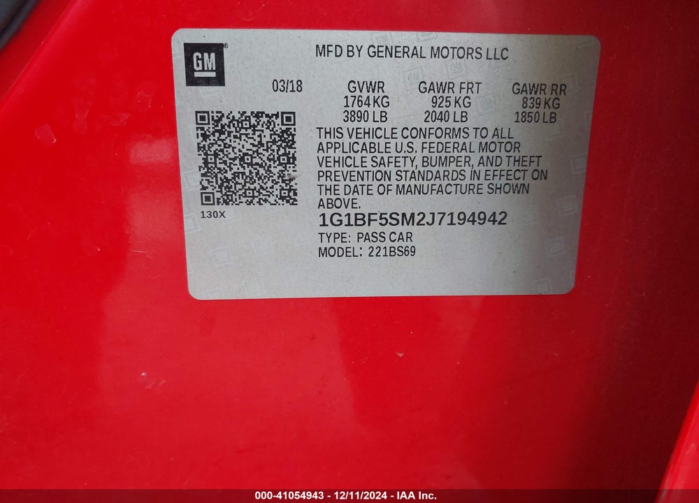 2018 CHEVROLET CRUZE PREMIER AUTO VIN: 1G1BF5SM2J7194942