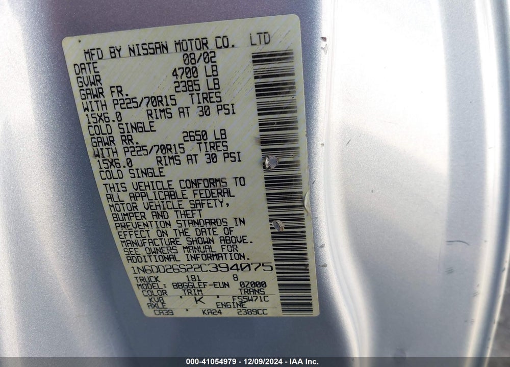2002 NISSAN FRONTIER STANDARD VIN: 1N6DD26S22C394075