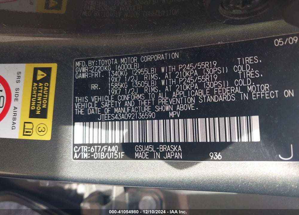 2009 TOYOTA HIGHLANDER SPORT VIN: JTEES43A092136590