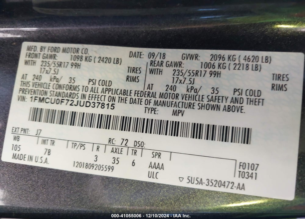 2018 FORD ESCAPE S VIN: 1FMCU0F72JUD37815