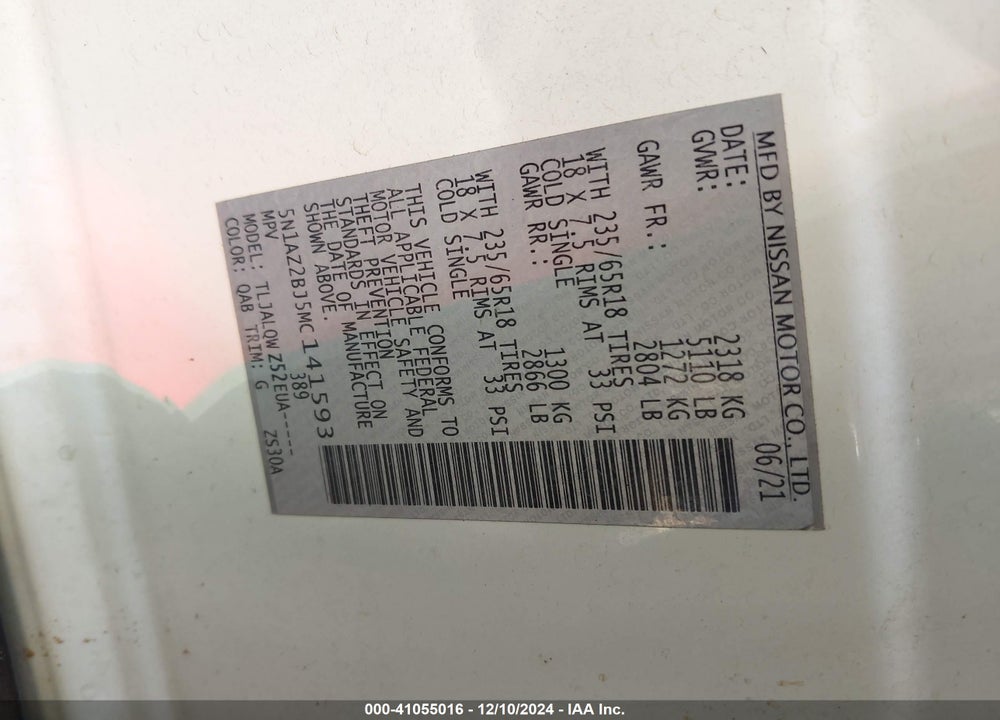 2021 NISSAN MURANO VIN: 5N1AZ2BJ5MC141593