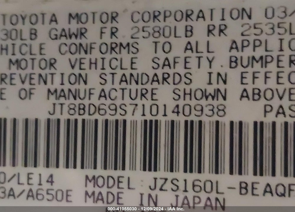 2001 LEXUS GS 300 VIN: JT8BD69S710140938