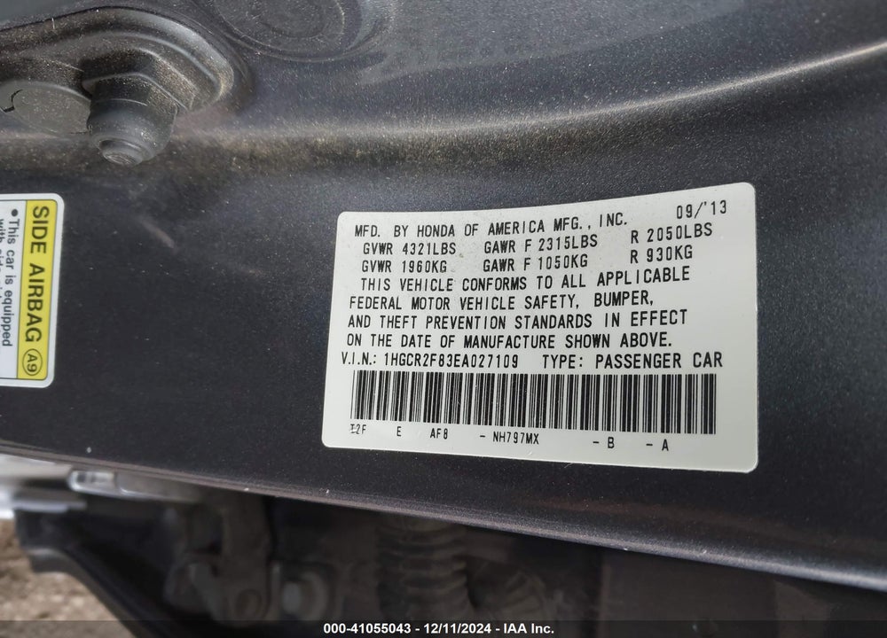 2014 HONDA ACCORD EX-L VIN: 1HGCR2F83EA027109