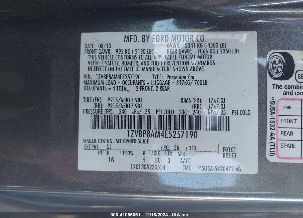 2014 FORD MUSTANG VIN: 1ZVBP8AM4E5257190