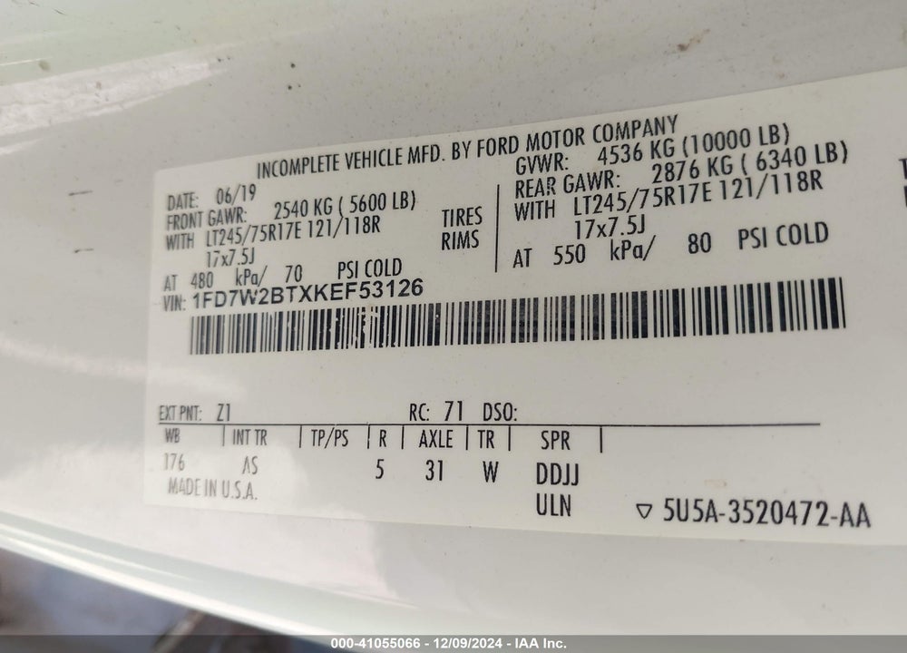 2019 FORD F-250 XL VIN: 1FD7W2BTXKEF53126