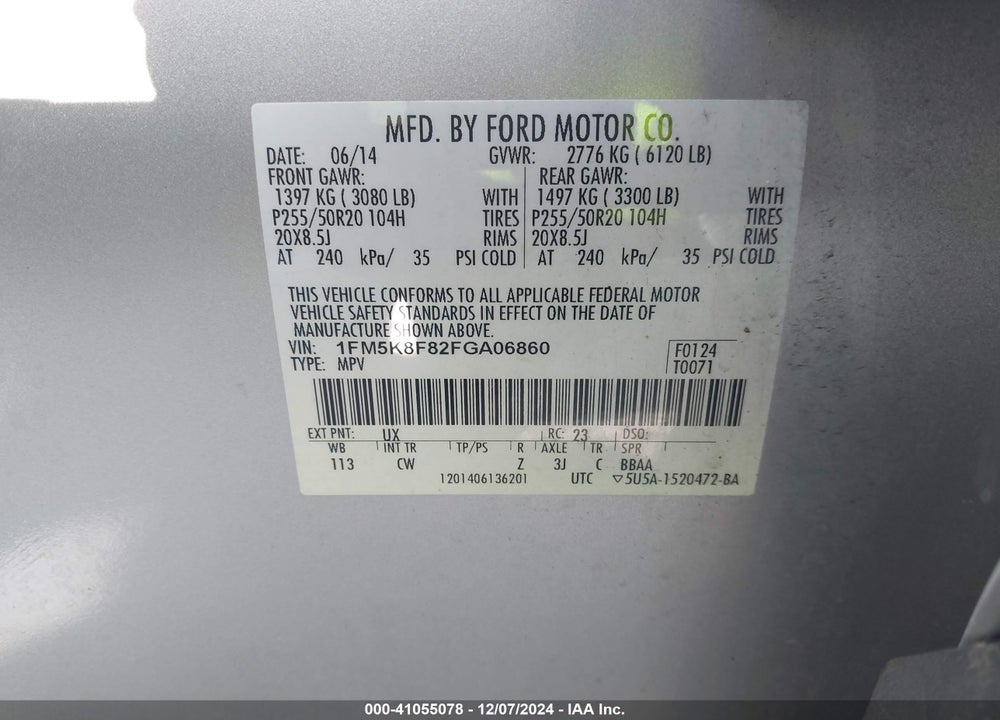 2015 FORD EXPLORER LIMITED VIN: 1FM5K8F82FGA06860