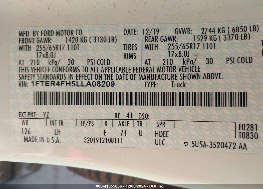 2020 FORD RANGER XL VIN: 1FTER4FH5LLA08209