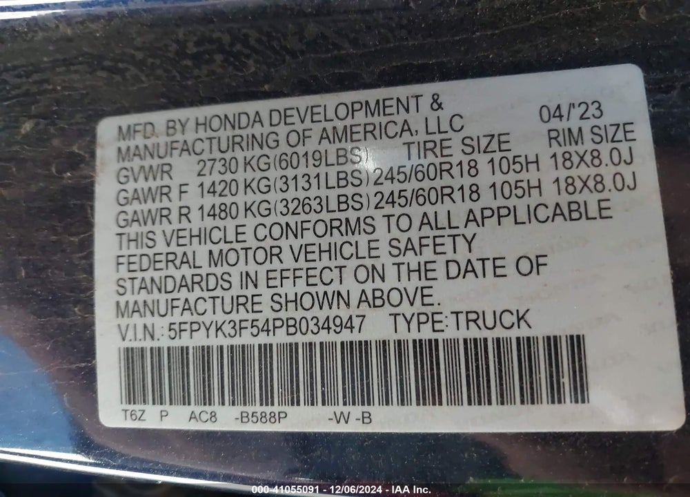 2023 HONDA RIDGELINE VIN: 5FPYK3F54PB034947