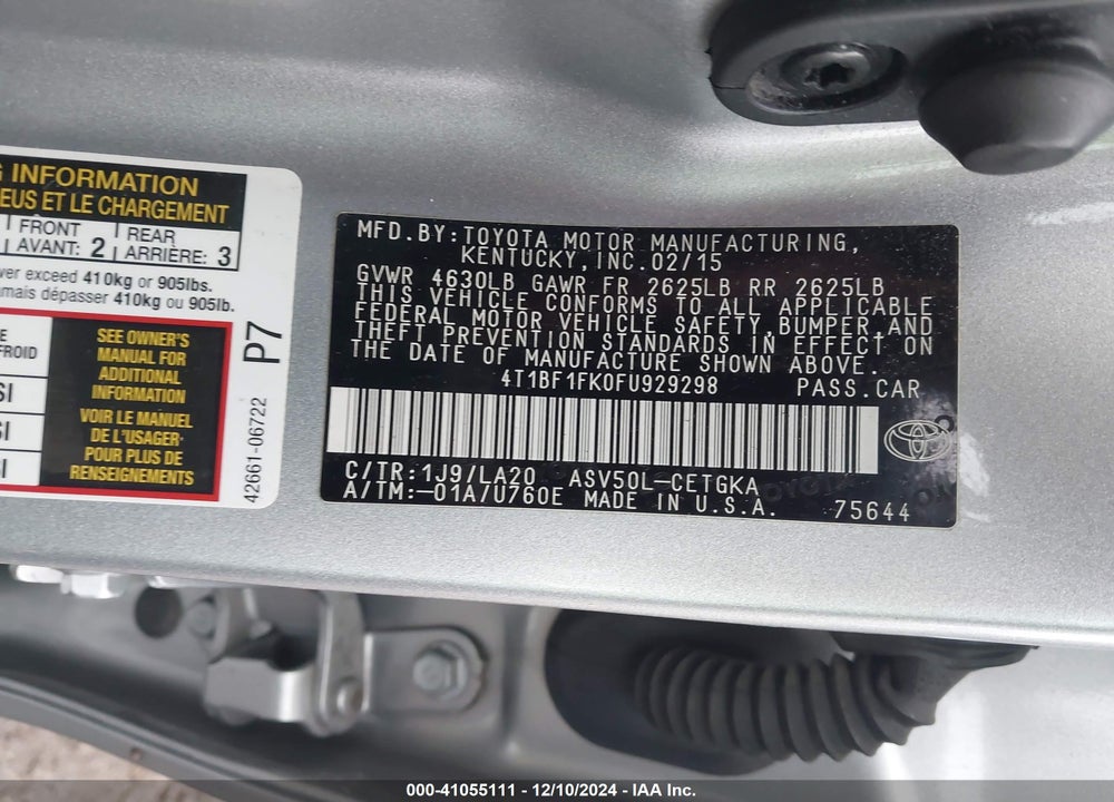 2015 TOYOTA CAMRY XLE VIN: 4T1BF1FK0FU929298