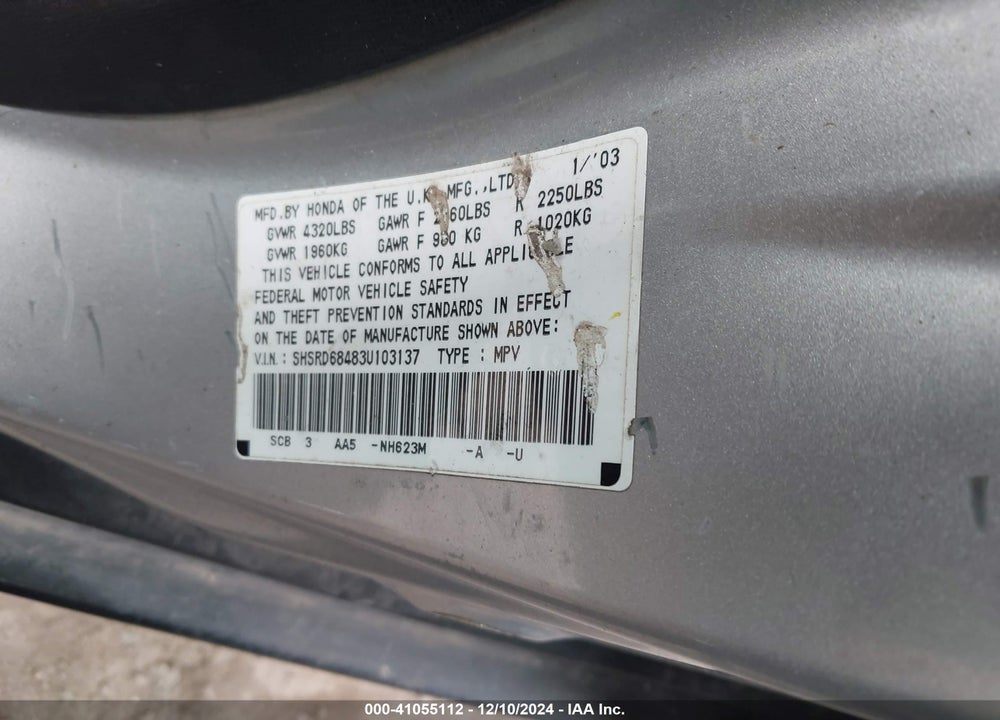 2003 HONDA CR-V LX VIN: SHSRD68483U103137