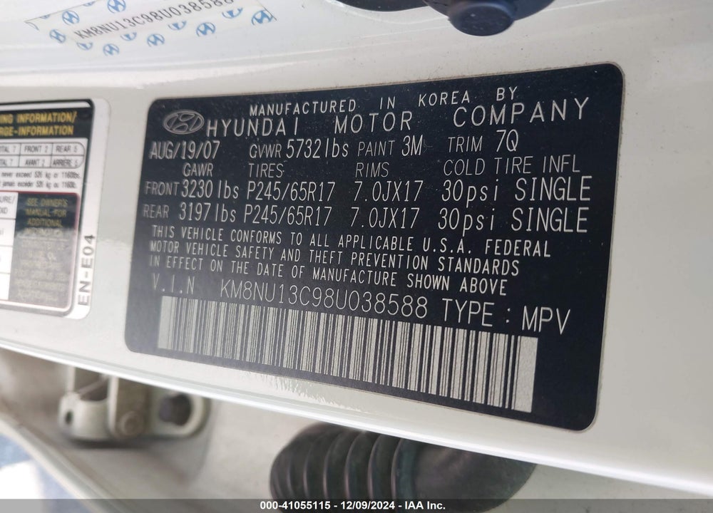 2008 HYUNDAI VERACRUZ VIN: KM8NU13C98U038588