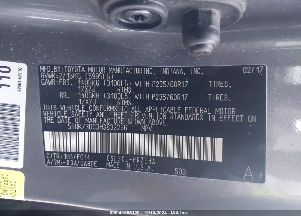 2017 TOYOTA SIENNA LE 8 PASSENGER VIN: 5TDKZ3DC3HS832266