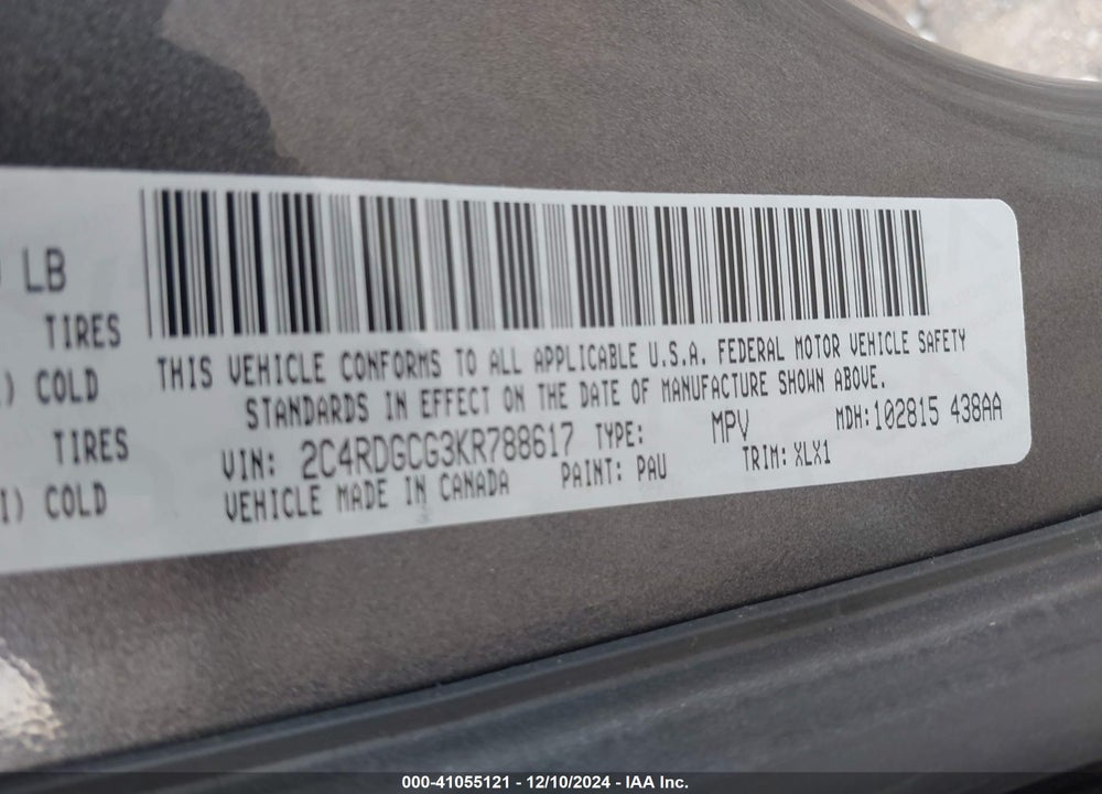 2019 DODGE GRAND CARAVAN SXT VIN: 2C4RDGCG3KR788617