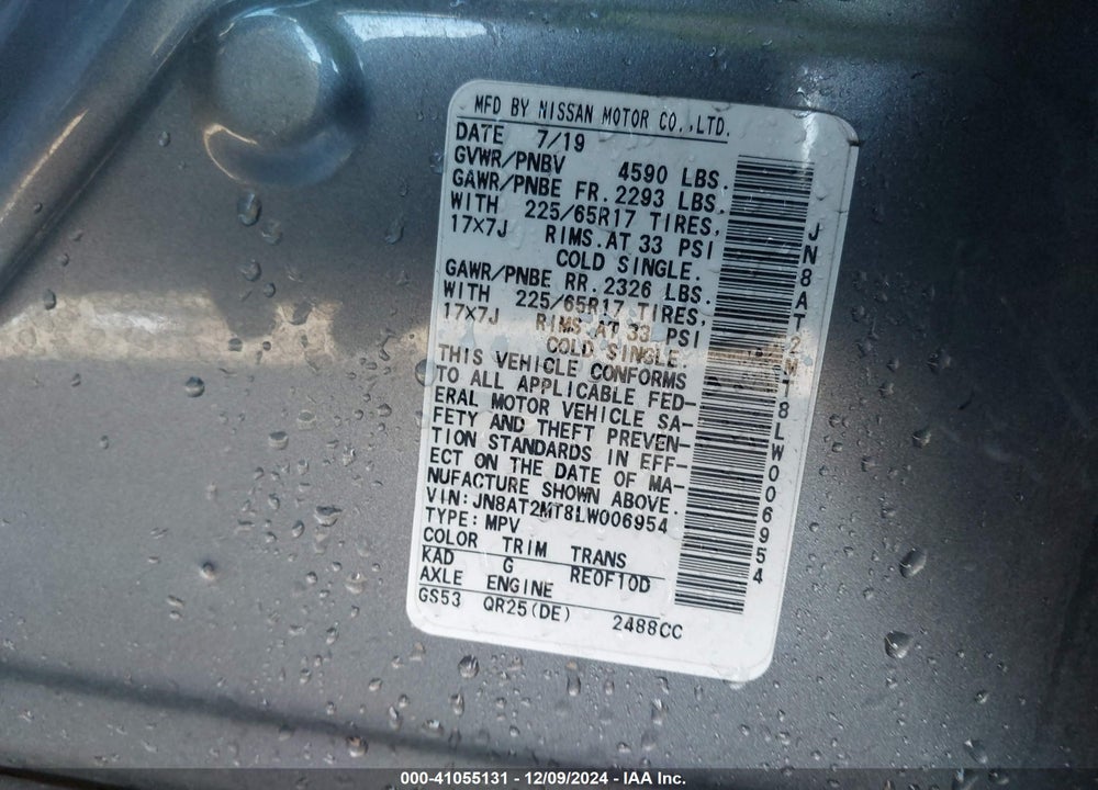 2020 NISSAN ROGUE S FWD VIN: JN8AT2MT8LW006954
