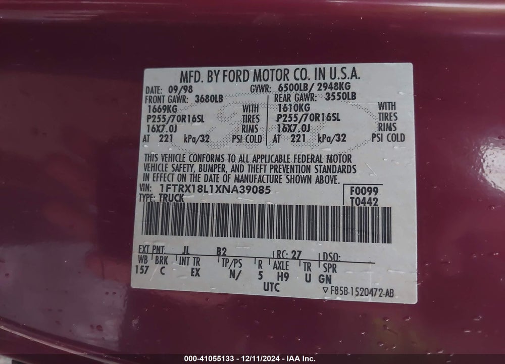1999 FORD F-150 LARIAT/XL/XLT VIN: 1FTRX18L1XNA39085