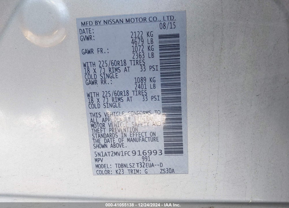 2015 NISSAN ROGUE SL VIN: 5N1AT2MV1FC916993