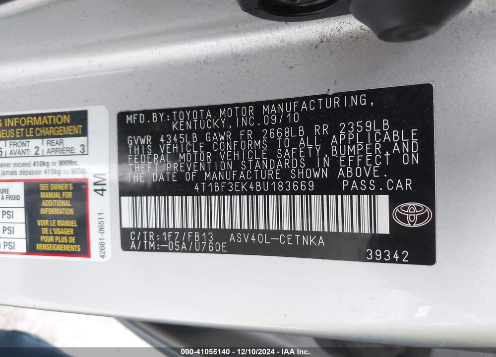 2011 TOYOTA CAMRY LE VIN: 4T1BF3EK4BU183669