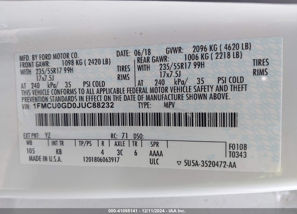 2018 FORD ESCAPE SE VIN: 1FMCU0GD0JUC88232