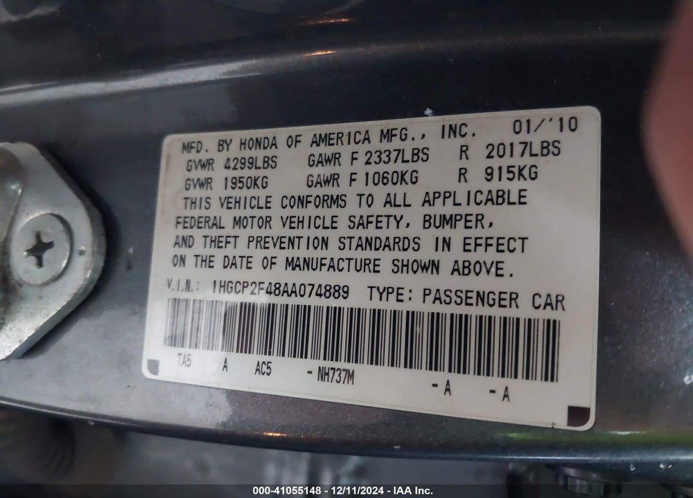 2010 HONDA ACCORD 2.4 LX-P VIN: 1HGCP2F48AA074889