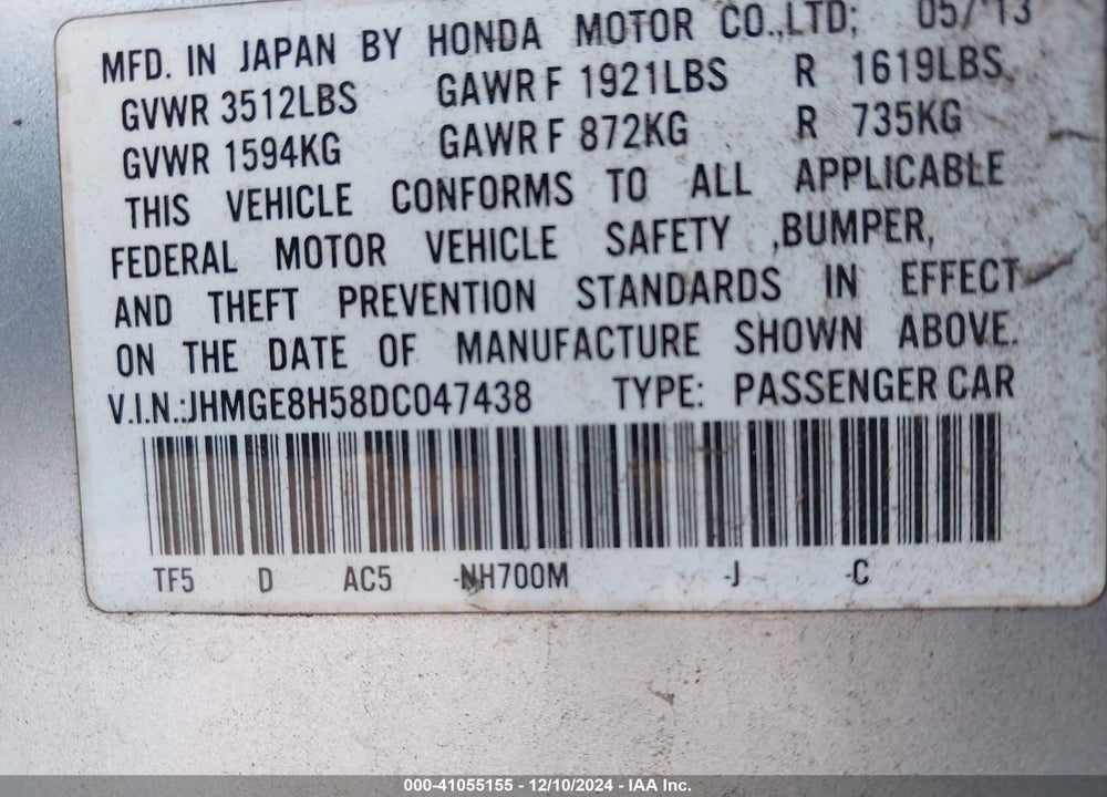 2013 HONDA FIT SPORT VIN: JHMGE8H58DC047438