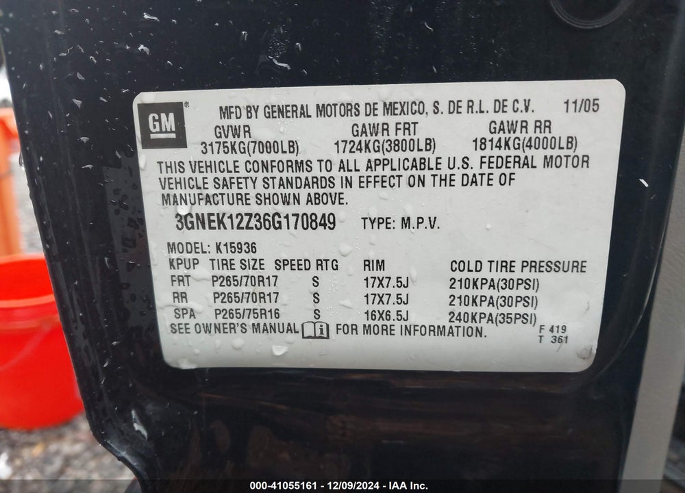 2006 CHEVROLET AVALANCHE 1500 Z71 VIN: 3GNEK12Z36G170849