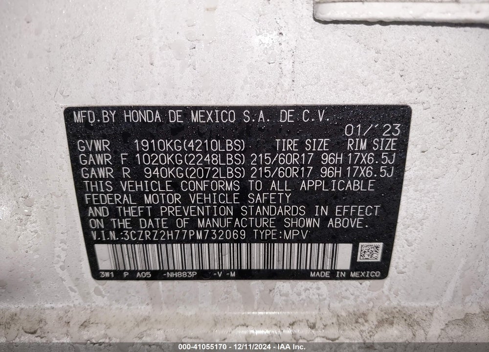 2023 HONDA HR-V AWD EX-L VIN: 3CZRZ2H77PM732069