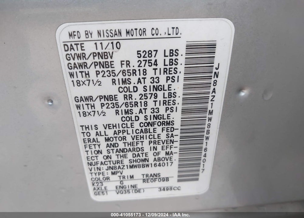 2011 NISSAN MURANO SL VIN: JN8AZ1MW8BW164017