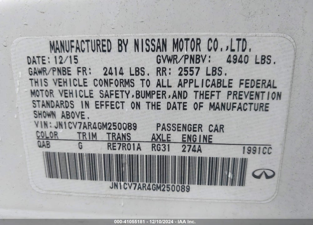 2016 INFINITI Q50 2.0T PREMIUM VIN: JN1CV7AR4GM250089