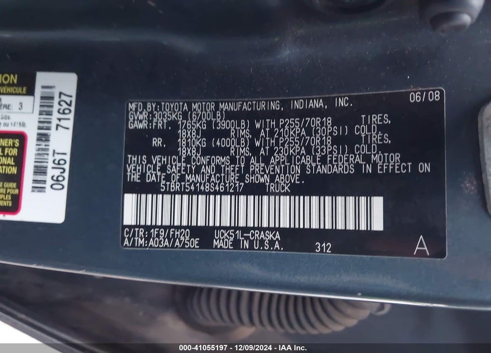 2008 TOYOTA TUNDRA VIN: 5TBRT54148S461217