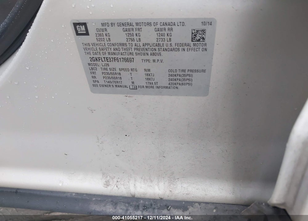 2015 GMC TERRAIN SLT-2 VIN: 2GKFLTE37F6176697