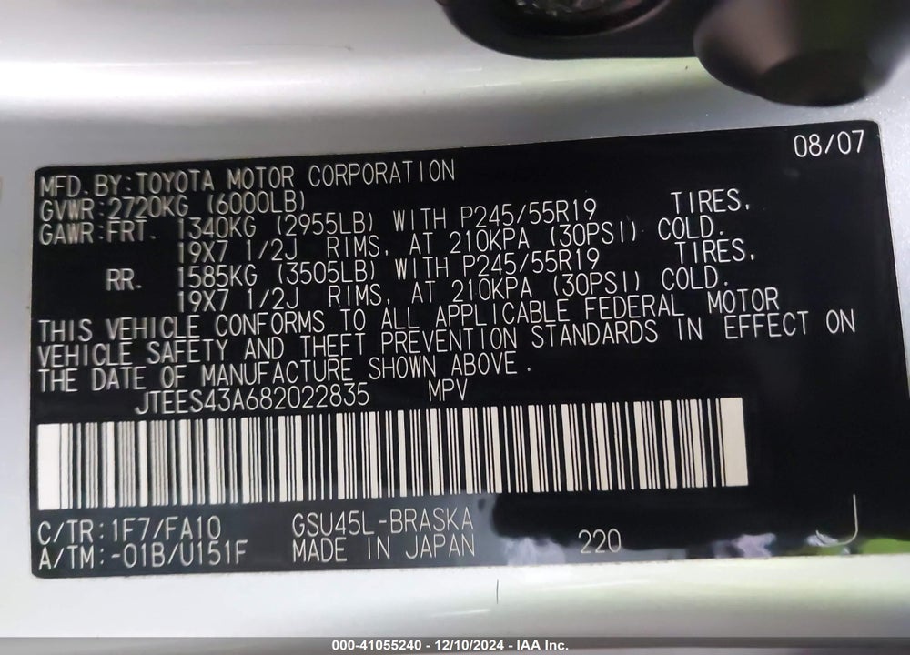 2008 TOYOTA HIGHLANDER SPORT VIN: JTEES43A682022835