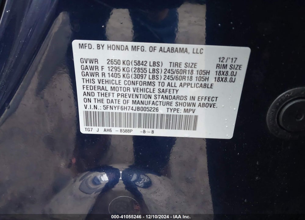 2018 HONDA PILOT EX-L VIN: 5FNYF6H74JB005226
