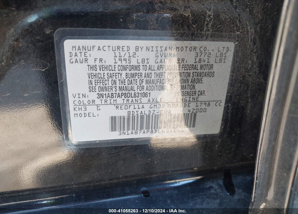 2013 NISSAN SENTRA SV VIN: 3N1AB7AP8DL631061