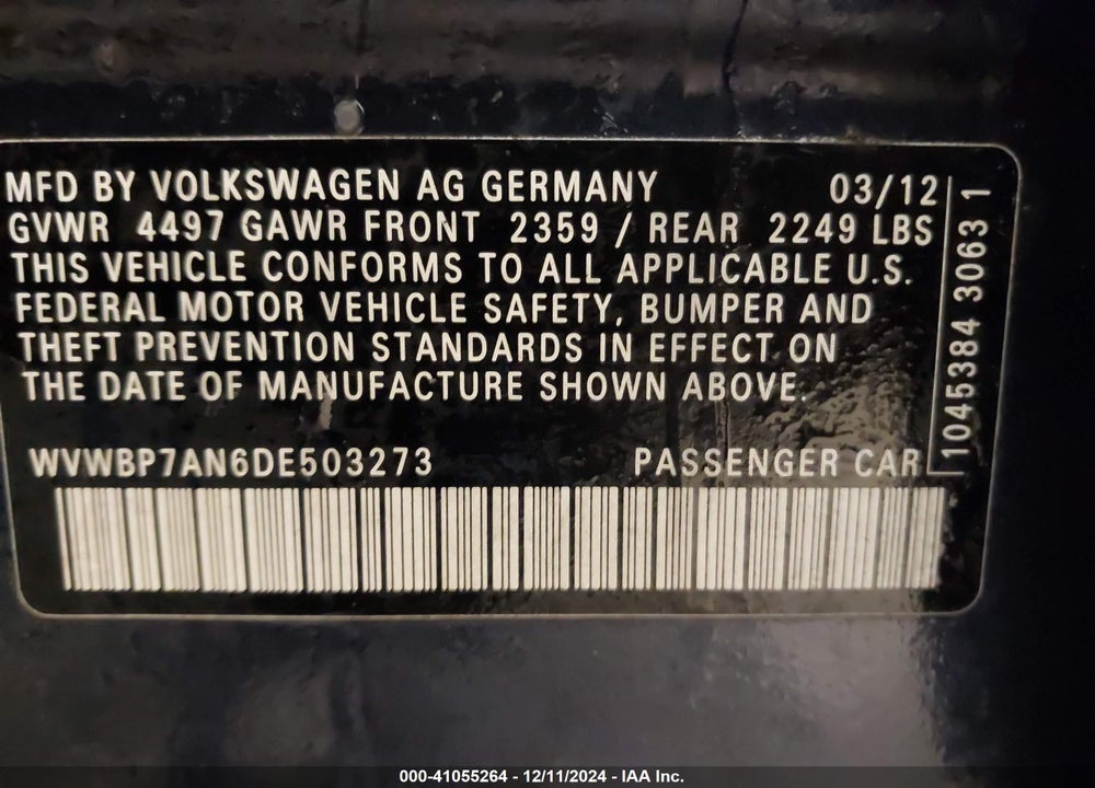 2013 VOLKSWAGEN CC 2.0T SPORT VIN: WVWBP7AN6DE503273