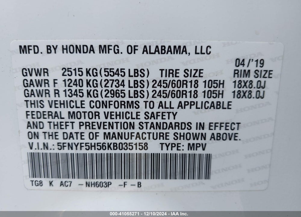 2019 HONDA PILOT EX-L VIN: 5FNYF5H56KB035158