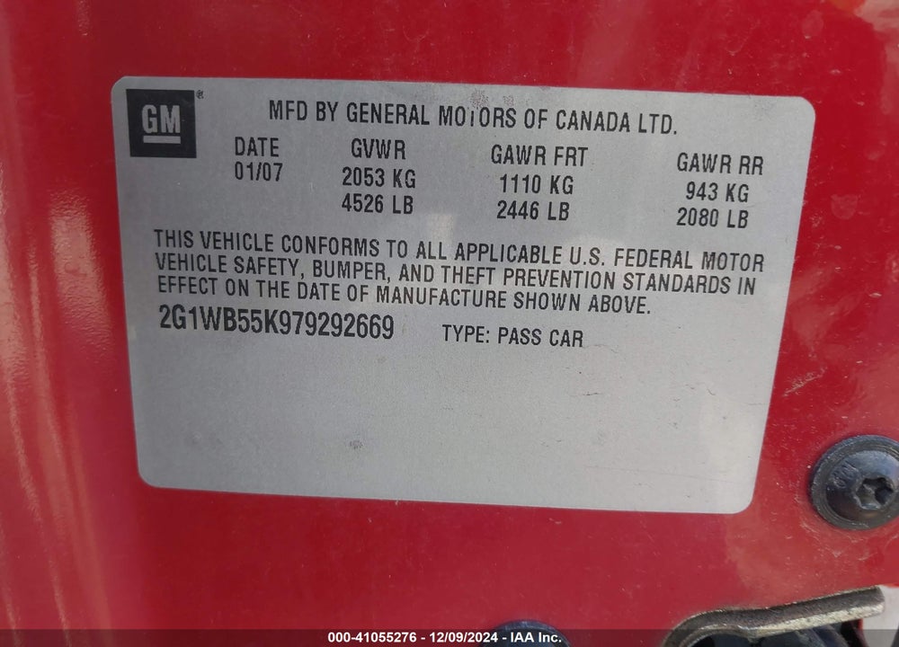 2007 CHEVROLET IMPALA LS VIN: 2G1WB55K979292669