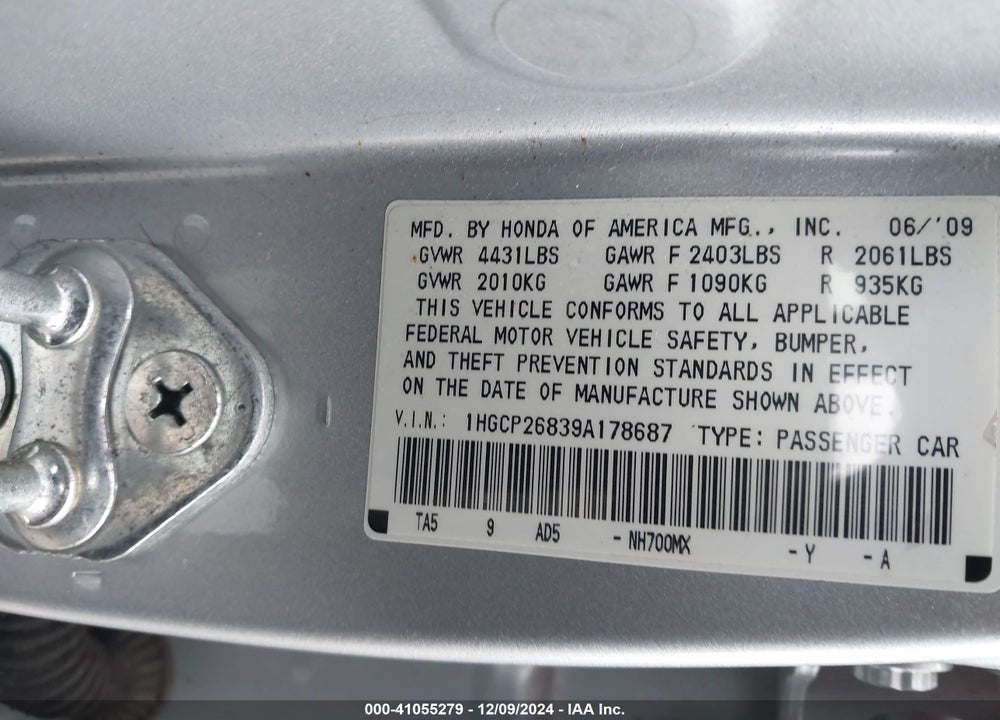 2009 HONDA ACCORD 2.4 EX-L VIN: 1HGCP26839A178687
