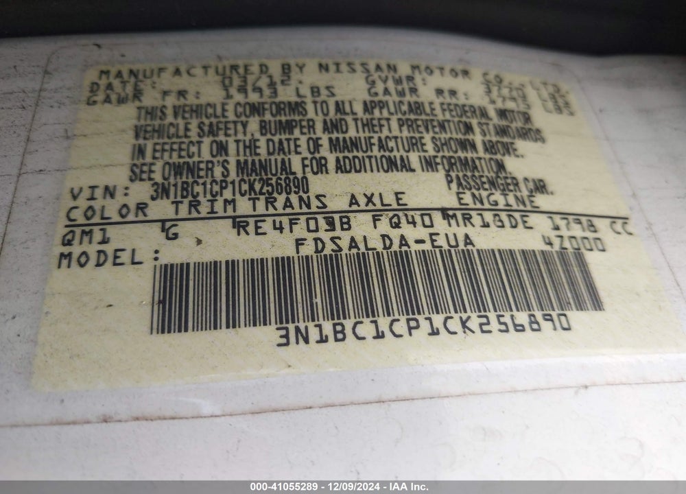2012 NISSAN VERSA 1.8 S VIN: 3N1BC1CP1CK256890
