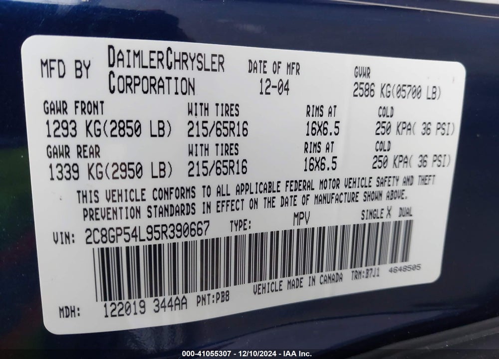 2005 CHRYSLER TOWN & COUNTRY TOURING VIN: 2C8GP54L95R390667