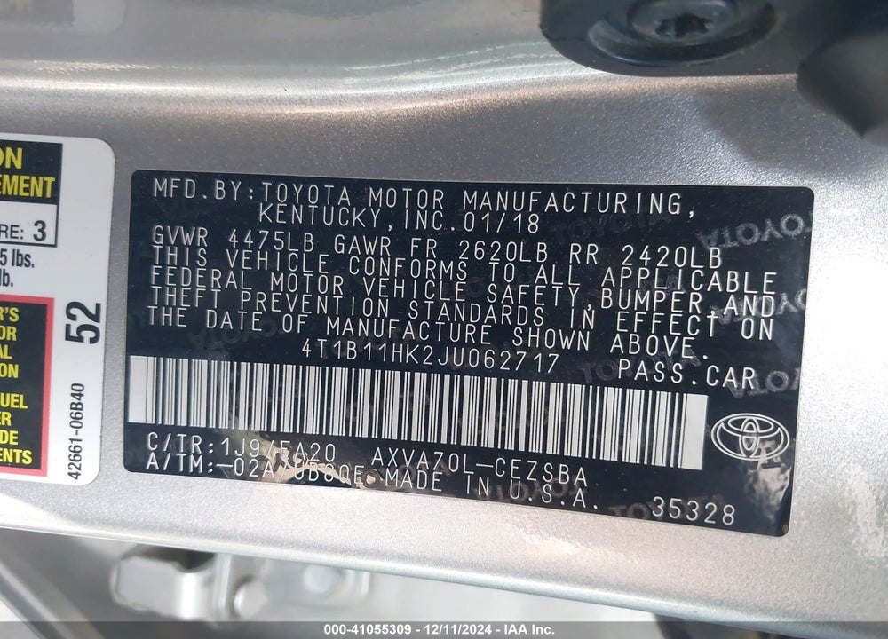 2018 TOYOTA CAMRY SE VIN: 4T1B11HK2JU062717
